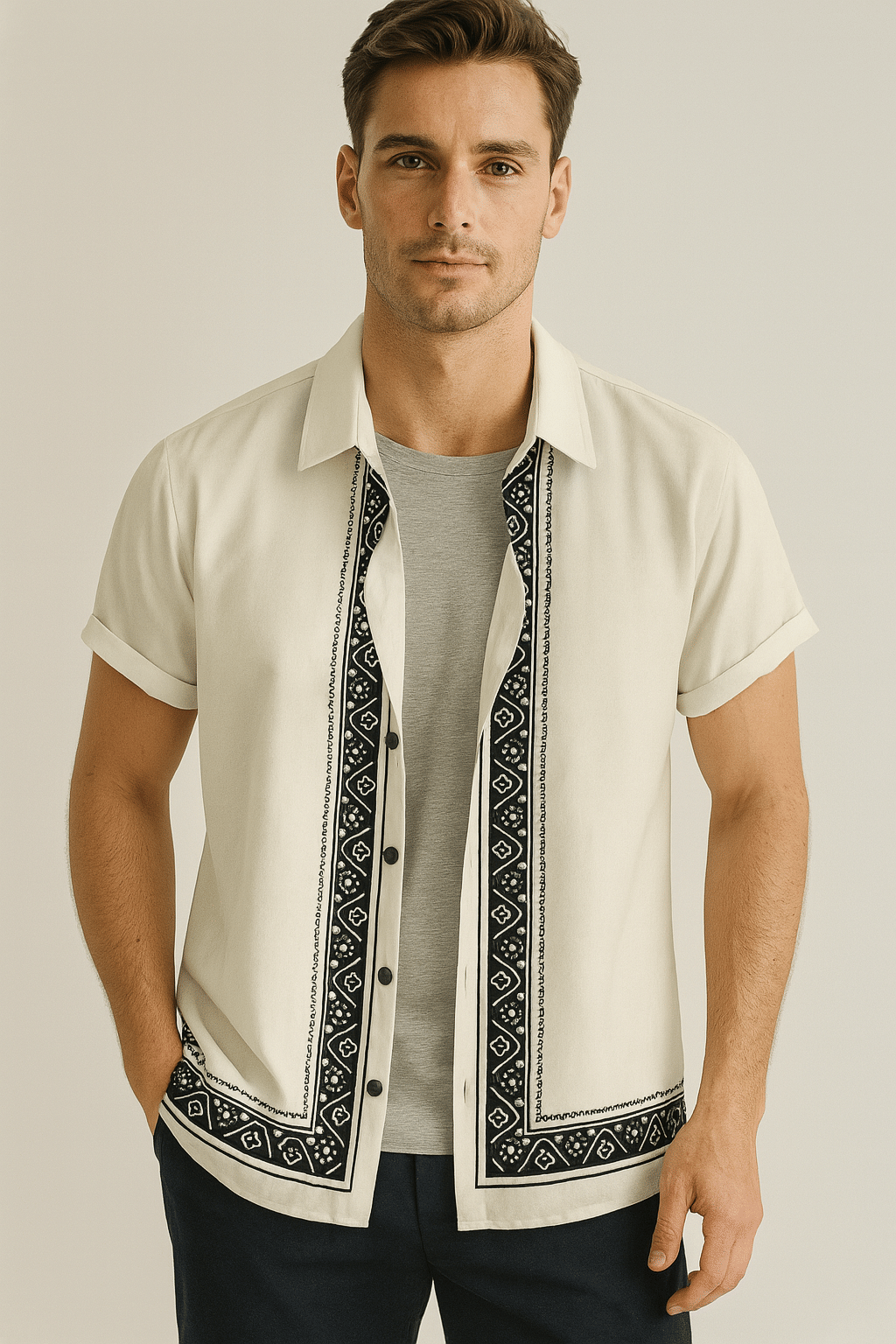     			TERIZLA Cotton Blend Regular Fit Self Design Half Sleeves Men's Casual Shirt - Cream ( Pack of 1 )
