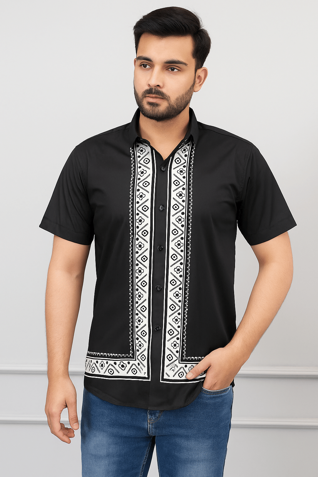     			TERIZLA Cotton Blend Regular Fit Self Design Half Sleeves Men's Casual Shirt - Black ( Pack of 1 )