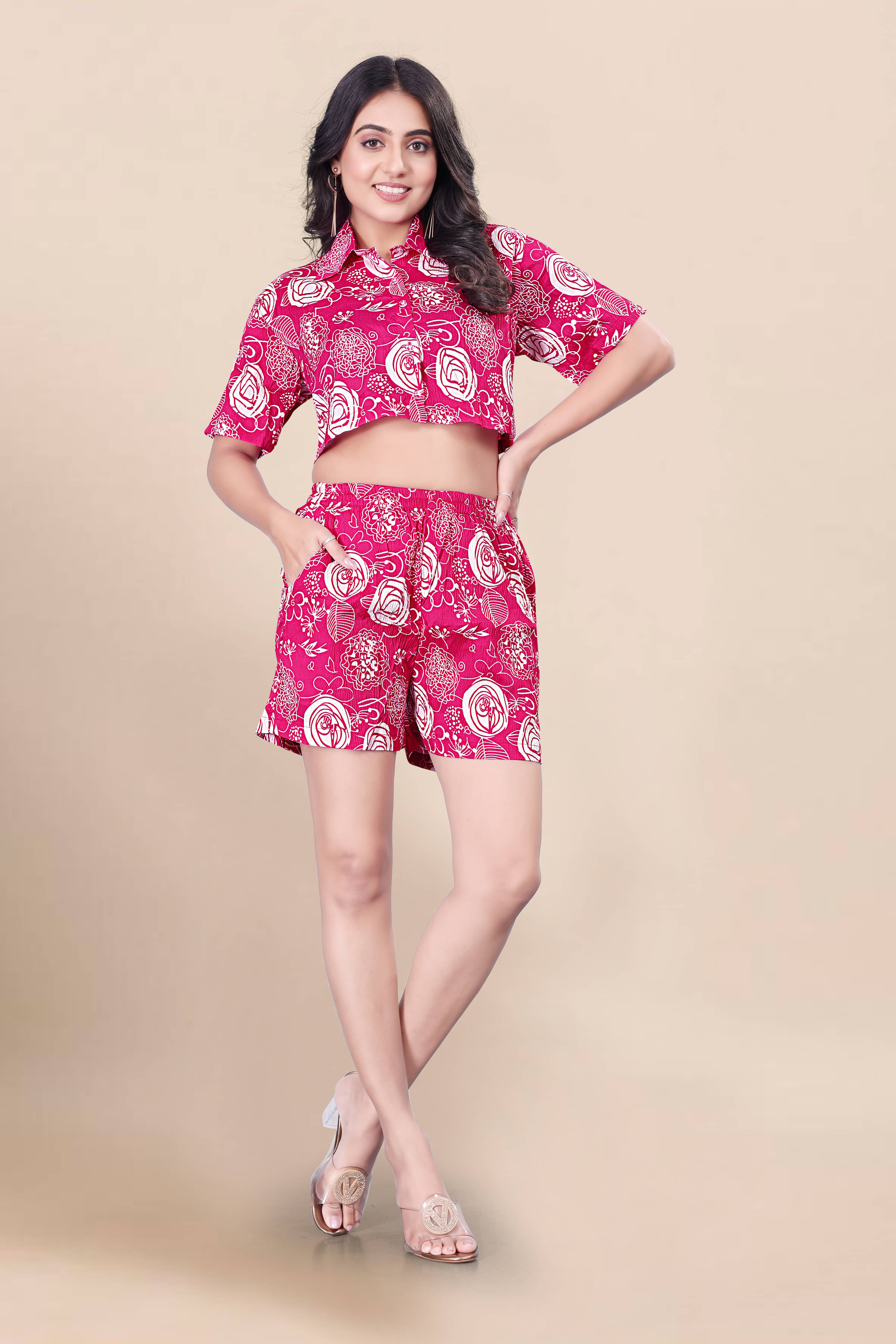    			THE PRIVATE LABLE Women Printed Shirt With Shorts Co-Ord Set ( Magenta )