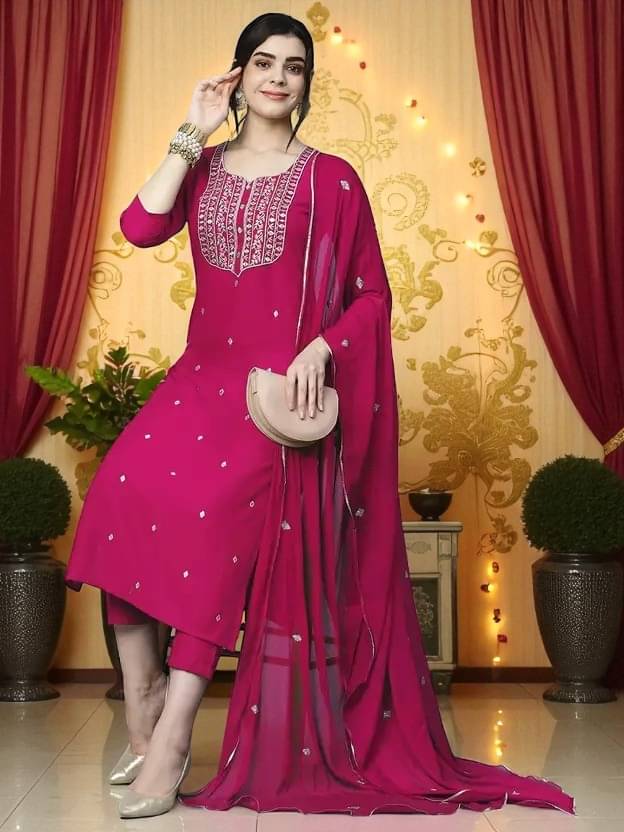 TRIONZA Women Rayon Embroidered A-line Kurti With Pants ( Pink ) TRIONZA Women Rayon Embroidered A-line Kurti With Pants ( Pink )