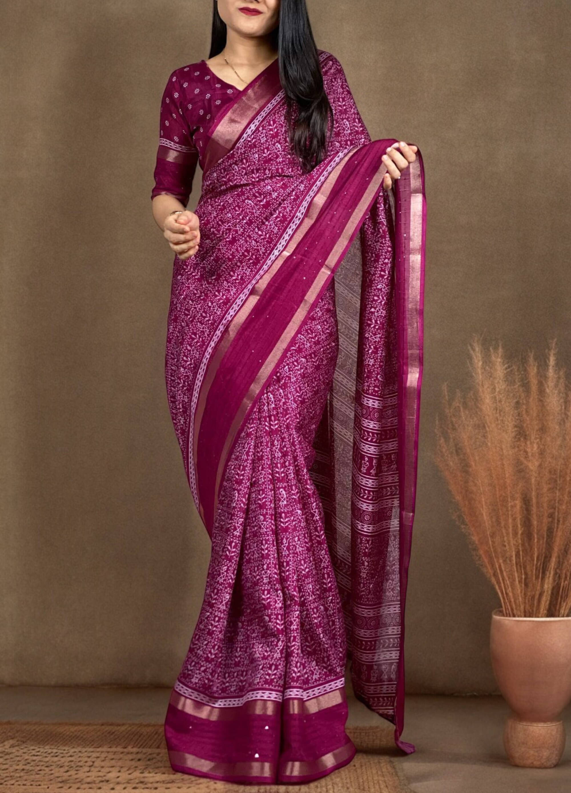     			VRAGI Art Silk Printed Regular Saree With Unstitched Blouse Piece ( Purple )