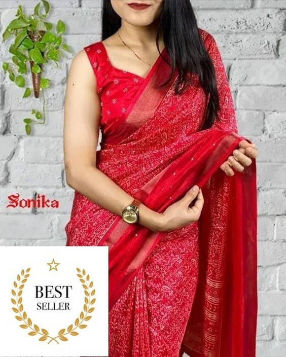     			VRAGI Art Silk Printed Regular Saree With Unstitched Blouse Piece ( Red )