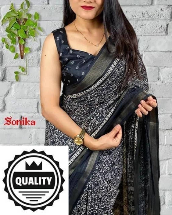     			VRAGI Art Silk Printed Regular Saree With Unstitched Blouse Piece ( Black )