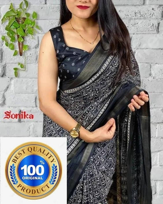 VRAGI Art Silk Printed Regular Saree With Unstitched Blouse Piece ( Black )     			VRAGI Art Silk Printed Regular Saree With Unstitched Blouse Piece ( Black )