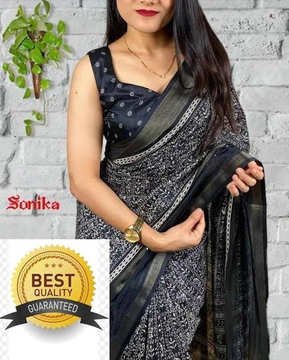 VRAGI Art Silk Printed Regular Saree With Unstitched Blouse Piece ( Black )     			VRAGI Art Silk Printed Regular Saree With Unstitched Blouse Piece ( Black )