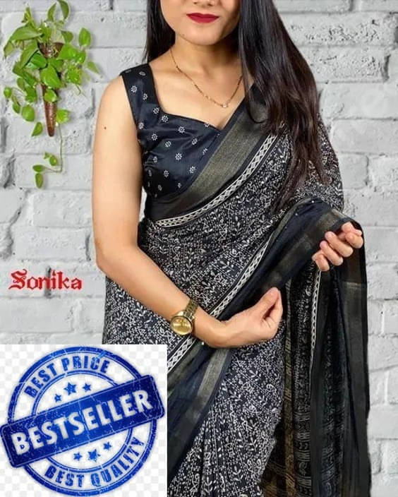 VRAGI Art Silk Printed Regular Saree With Unstitched Blouse Piece ( Black ) VRAGI Art Silk Printed Regular Saree With Unstitched Blouse Piece ( Black )