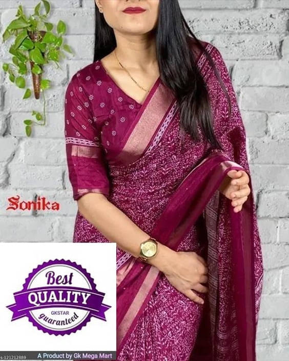     			VRAGI Art Silk Printed Regular Saree With Unstitched Blouse Piece ( Purple )