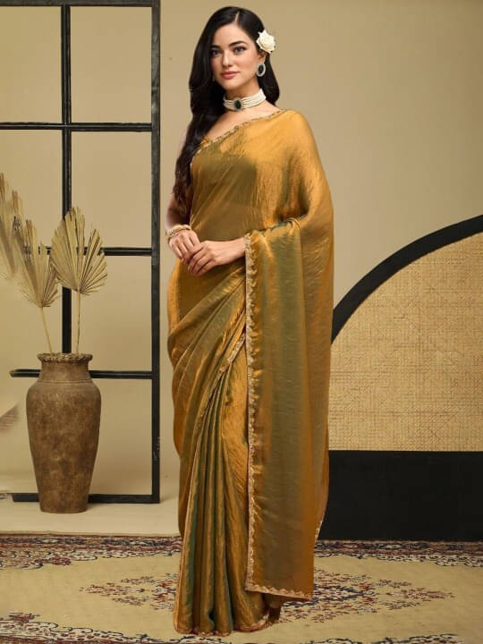     			VRAGI Chiffon Embellished Regular Saree With Unstitched Blouse Piece ( Gold )