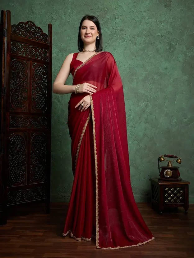     			VRAGI Chiffon Embellished Regular Saree With Unstitched Blouse Piece ( Maroon )