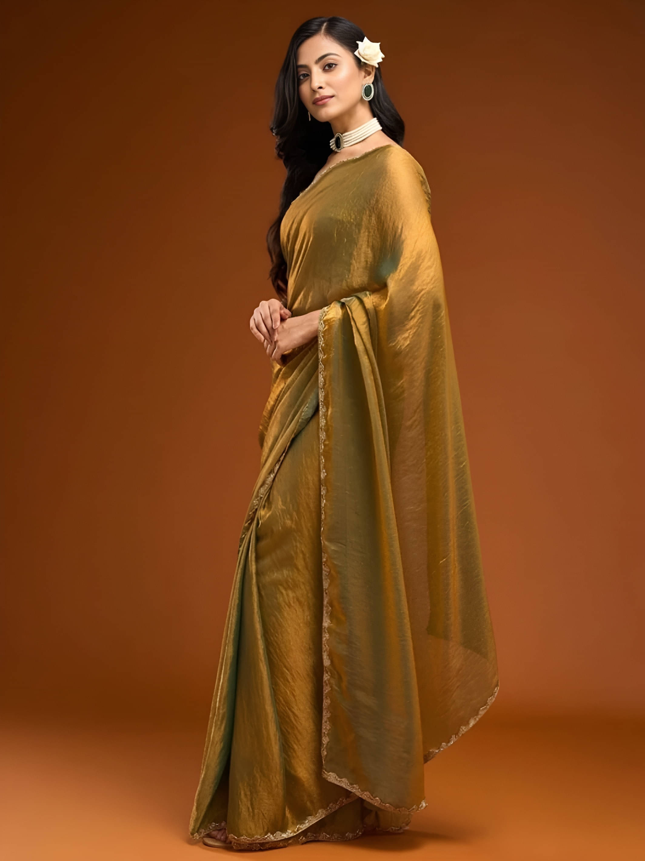     			VRAGI Chiffon Embellished Regular Saree With Stitched Blouse ( Gold )
