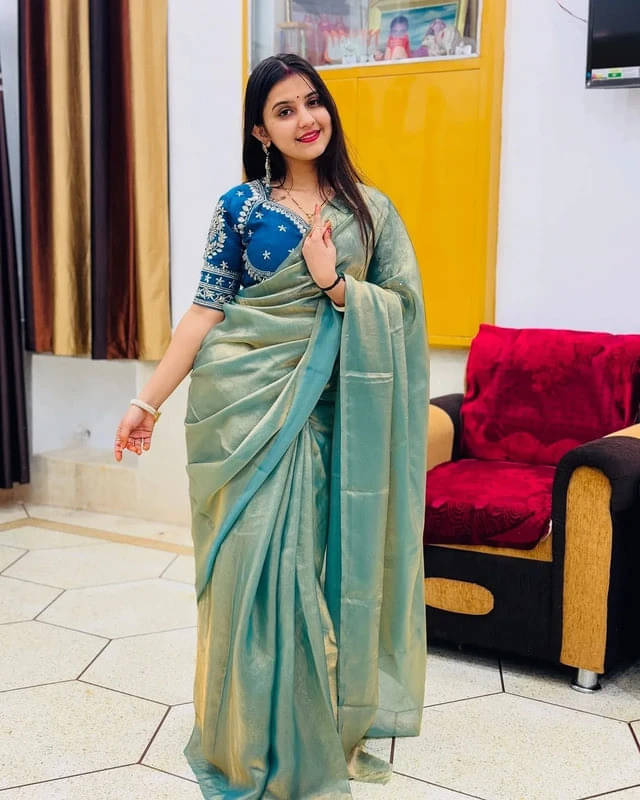     			VRAGI Chiffon Embellished Regular Saree With Stitched Blouse ( Blue )