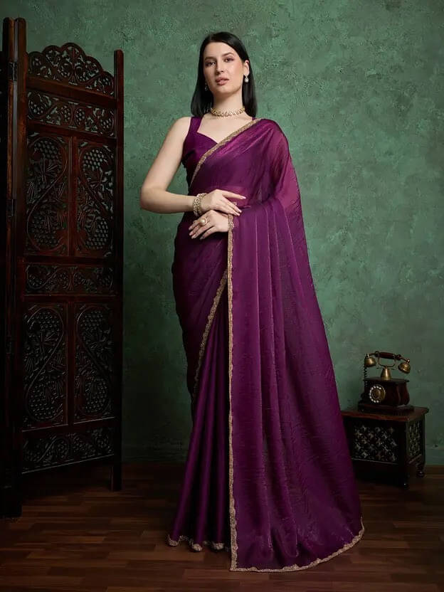 VRAGI Chiffon Embellished Regular Saree With Unstitched Blouse Piece ( Purple ) VRAGI Chiffon Embellished Regular Saree With Unstitched Blouse Piece ( Purple )