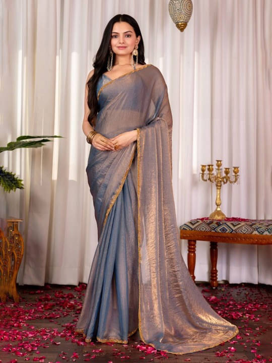     			VRAGI Chiffon Embellished Regular Saree With Unstitched Blouse Piece ( Navy Blue )