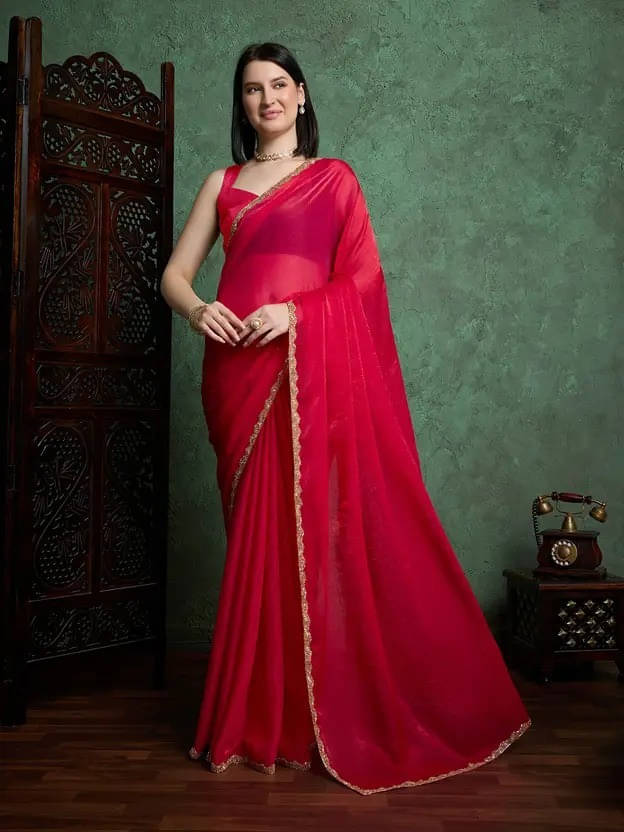     			VRAGI Chiffon Embellished Regular Saree With Unstitched Blouse Piece ( Pink )