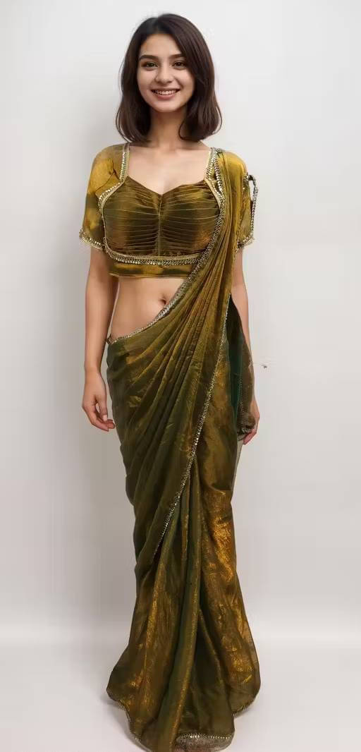 VRAGI Chiffon Embellished Regular Saree With Stitched Blouse ( Gold ) VRAGI Chiffon Embellished Regular Saree With Stitched Blouse ( Gold )