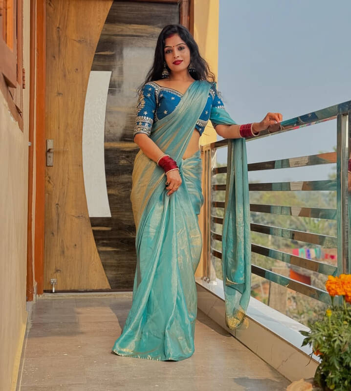     			VRAGI Chiffon Embellished Regular Saree With Stitched Blouse ( Light Blue )