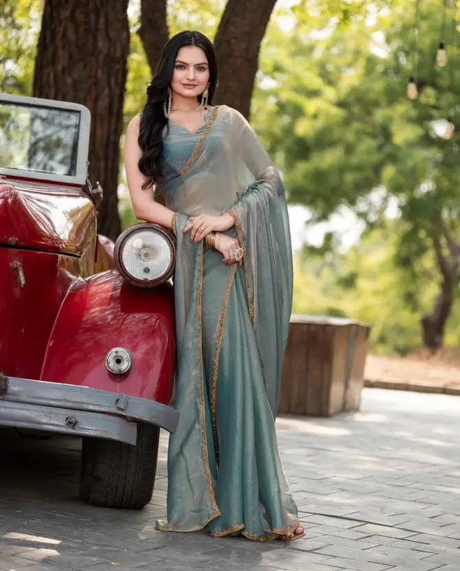     			VRAGI Chiffon Embellished Regular Saree With Unstitched Blouse Piece ( Grey )