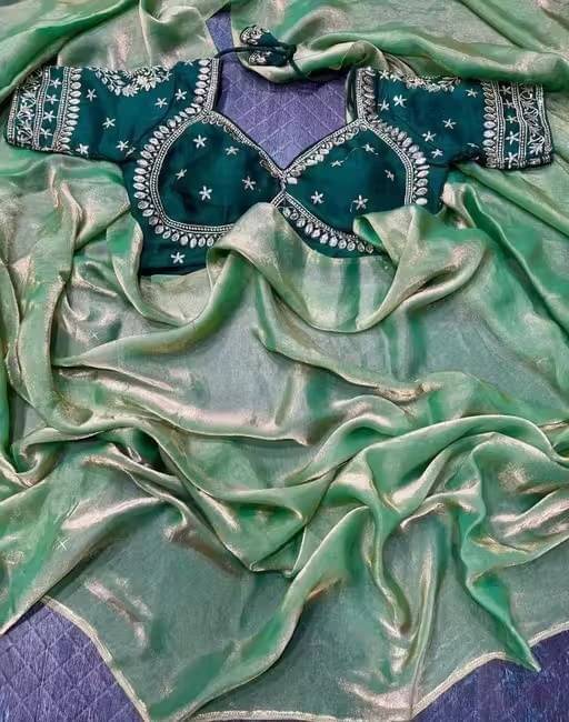 VRAGI Chiffon Embellished Regular Saree With Stitched Blouse ( Green ) VRAGI Chiffon Embellished Regular Saree With Stitched Blouse ( Green )