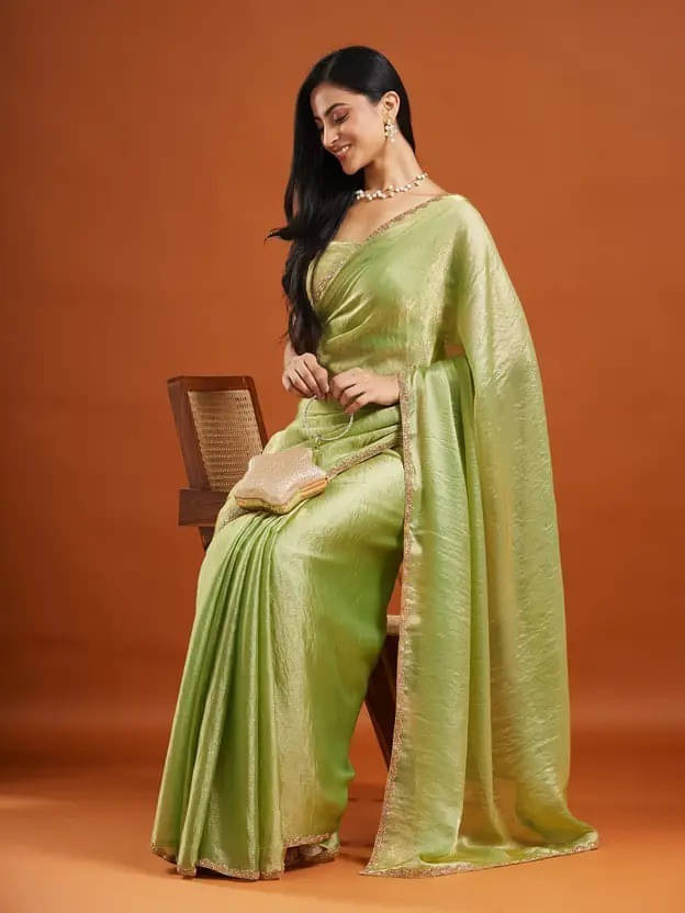     			VRAGI Chiffon Embellished Regular Saree With Unstitched Blouse Piece ( Light Green )
