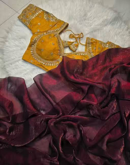     			VRAGI Chiffon Embellished Regular Saree With Stitched Blouse ( Maroon )