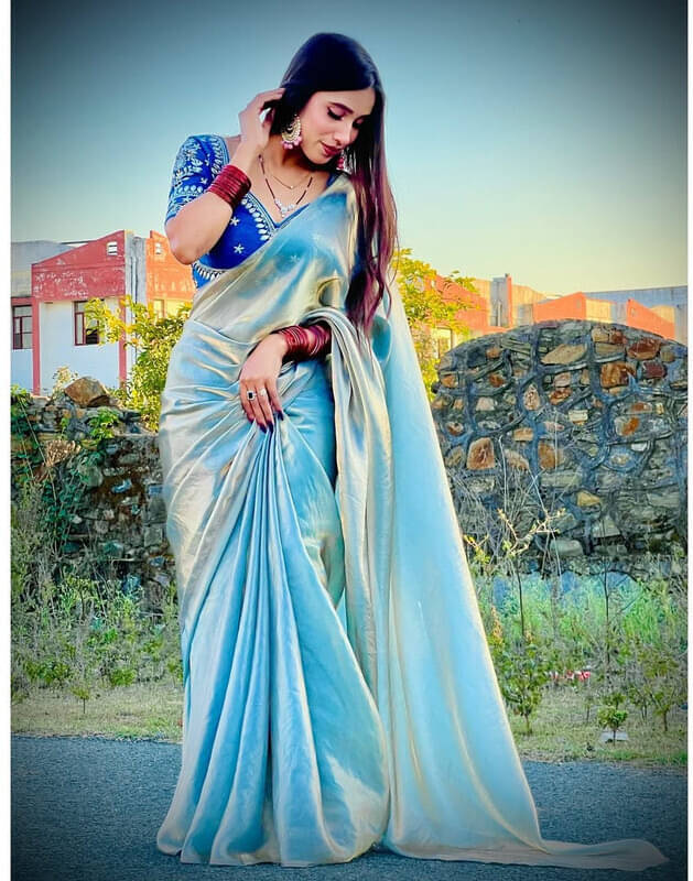     			VRAGI Chiffon Embellished Regular Saree With Stitched Blouse ( Light Blue )