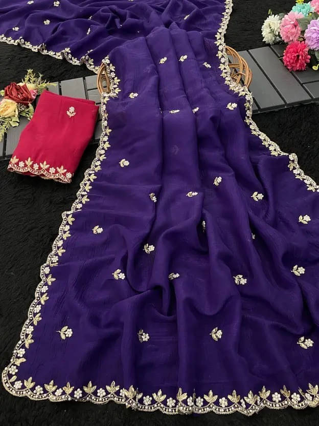     			VRAGI Chiffon Embroidered Regular Saree With Unstitched Blouse Piece ( Navy Blue )