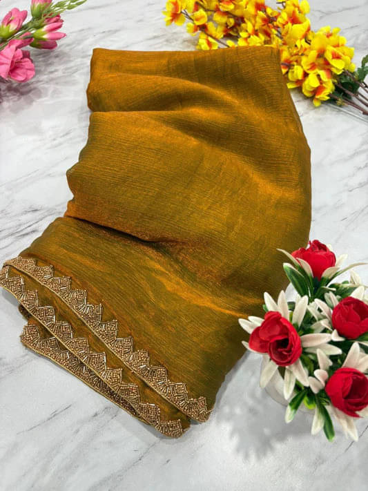     			VRAGI Chiffon Embroidered Regular Saree With Unstitched Blouse Piece ( Gold )