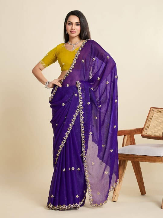 VRAGI Chiffon Embroidered Regular Saree With Unstitched Blouse Piece ( Navy Blue ) VRAGI Chiffon Embroidered Regular Saree With Unstitched Blouse Piece ( Navy Blue )