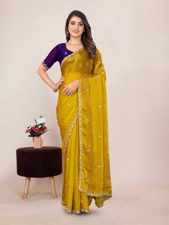     			VRAGI Chiffon Embroidered Regular Saree With Unstitched Blouse Piece ( Yellow )