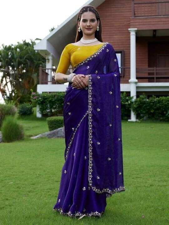     			VRAGI Chiffon Printed Regular Saree With Unstitched Blouse Piece ( Navy Blue )