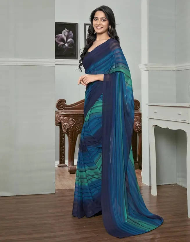     			VRAGI Chiffon Self Design Regular Saree With Unstitched Blouse Piece ( Blue )