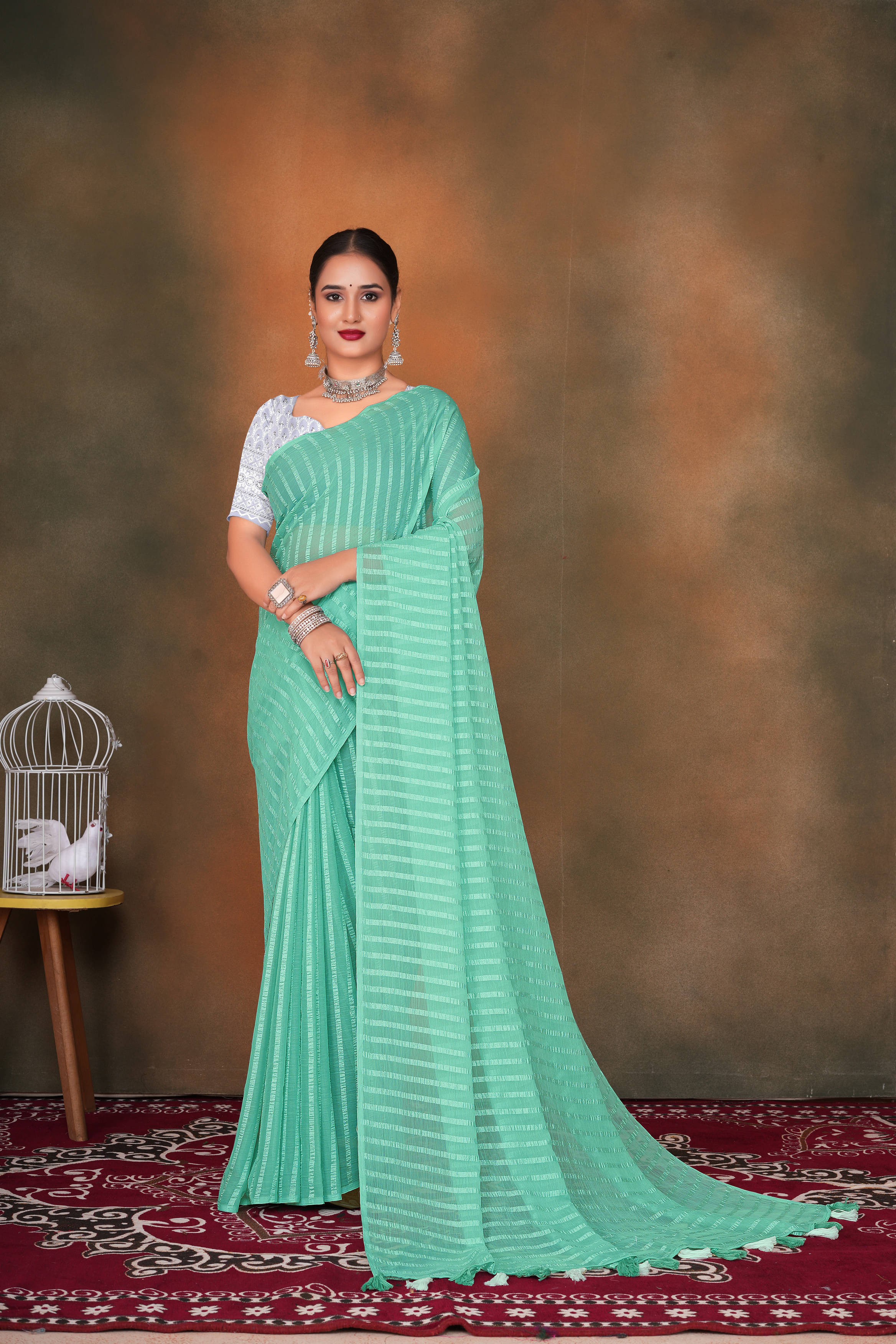     			VRAGI Chiffon Self Design Regular Saree With Unstitched Blouse Piece ( Green )