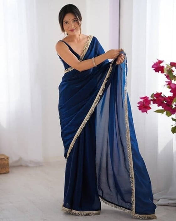     			VRAGI Chiffon Self Design Regular Saree With Unstitched Blouse Piece ( Blue )