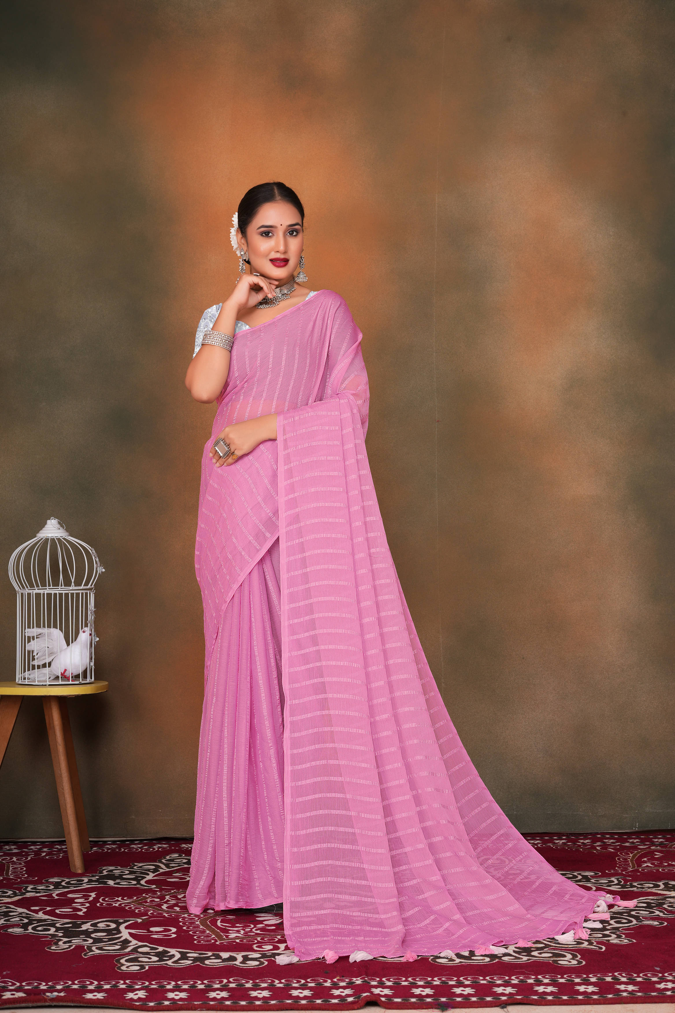 VRAGI Chiffon Self Design Regular Saree With Unstitched Blouse Piece ( Pink ) VRAGI Chiffon Self Design Regular Saree With Unstitched Blouse Piece ( Pink )