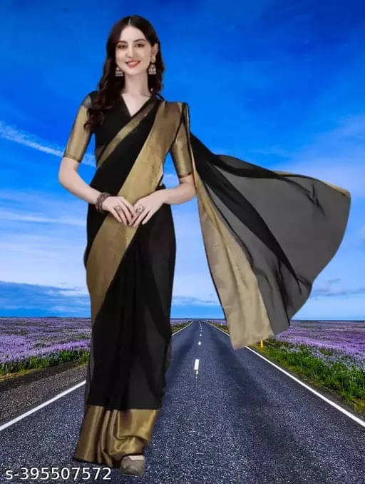 VRAGI Chiffon Solid Regular Saree With Unstitched Blouse Piece ( Black ) VRAGI Chiffon Solid Regular Saree With Unstitched Blouse Piece ( Black )