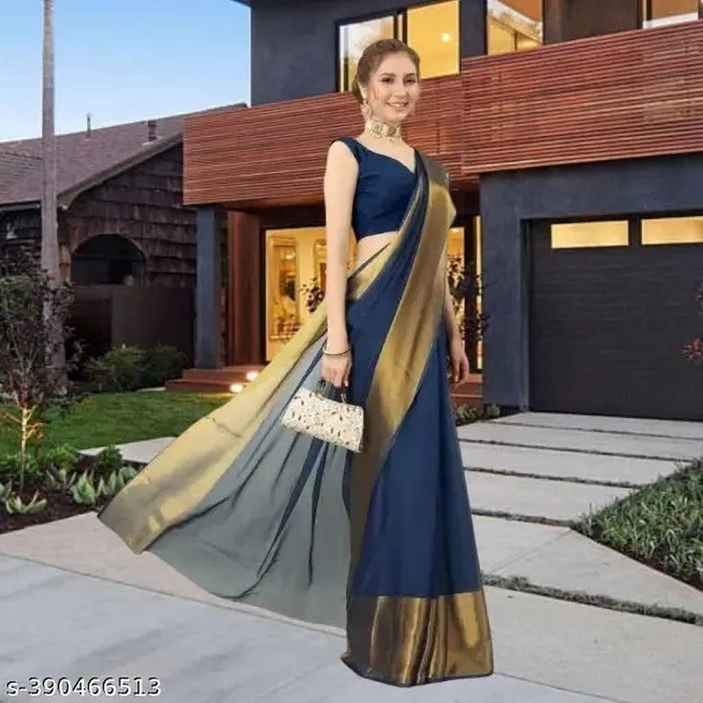 VRAGI Chiffon Solid Regular Saree With Unstitched Blouse Piece ( Navy Blue ) VRAGI Chiffon Solid Regular Saree With Unstitched Blouse Piece ( Navy Blue )