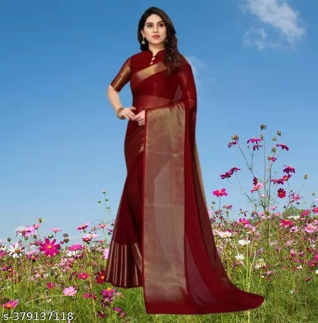     			VRAGI Chiffon Solid Regular Saree With Unstitched Blouse Piece ( Maroon )