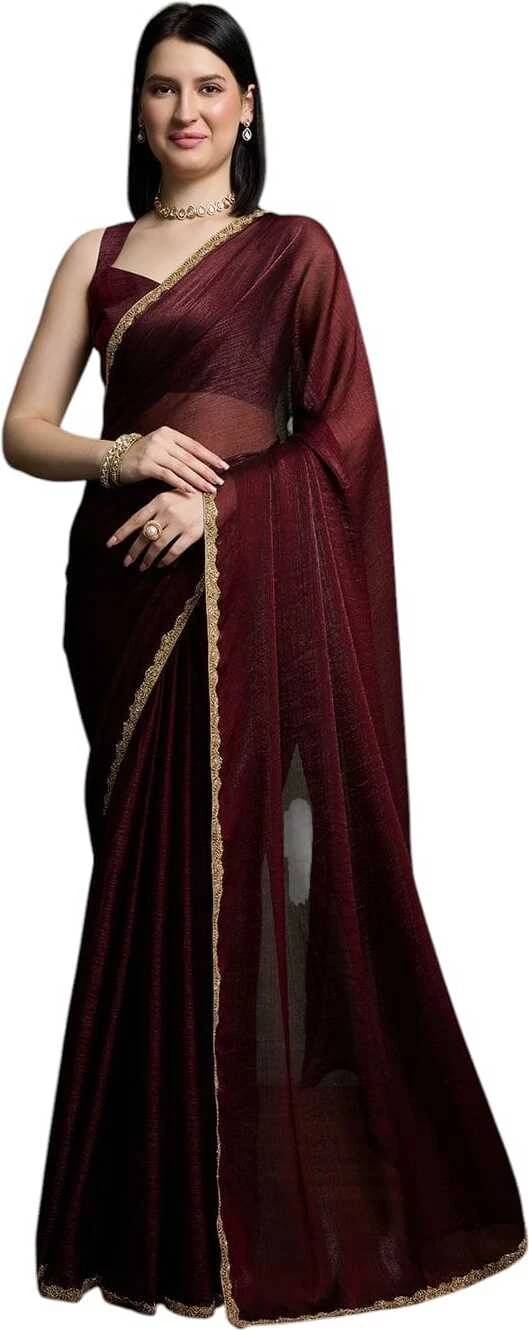 VRAGI Chiffon Solid Regular Saree With Unstitched Blouse Piece ( Maroon ) VRAGI Chiffon Solid Regular Saree With Unstitched Blouse Piece ( Maroon )