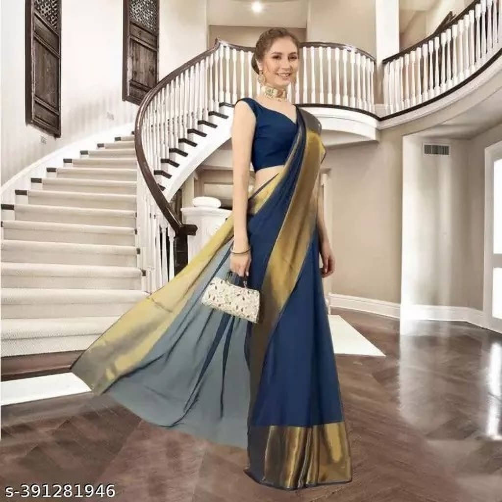 VRAGI Chiffon Solid Regular Saree With Unstitched Blouse Piece ( Blue ) VRAGI Chiffon Solid Regular Saree With Unstitched Blouse Piece ( Blue )
