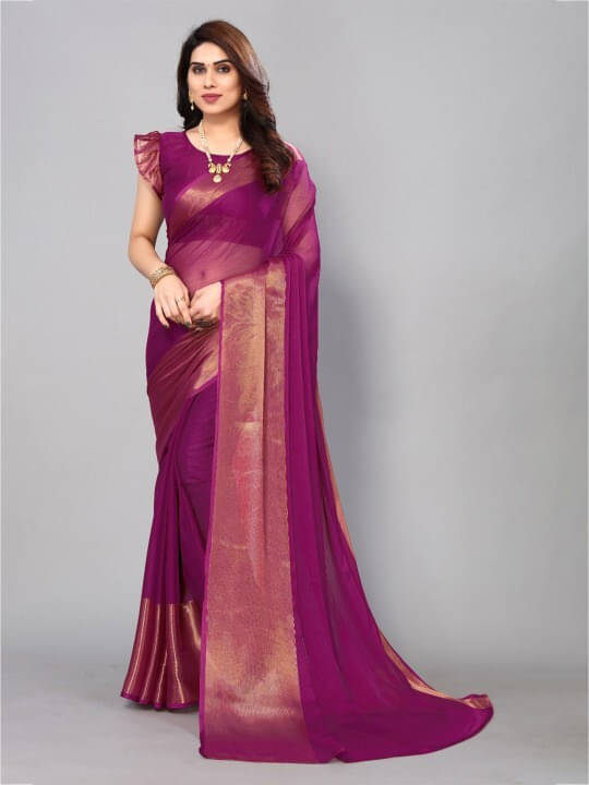 VRAGI Chiffon Solid Regular Saree With Unstitched Blouse Piece ( Purple ) VRAGI Chiffon Solid Regular Saree With Unstitched Blouse Piece ( Purple )