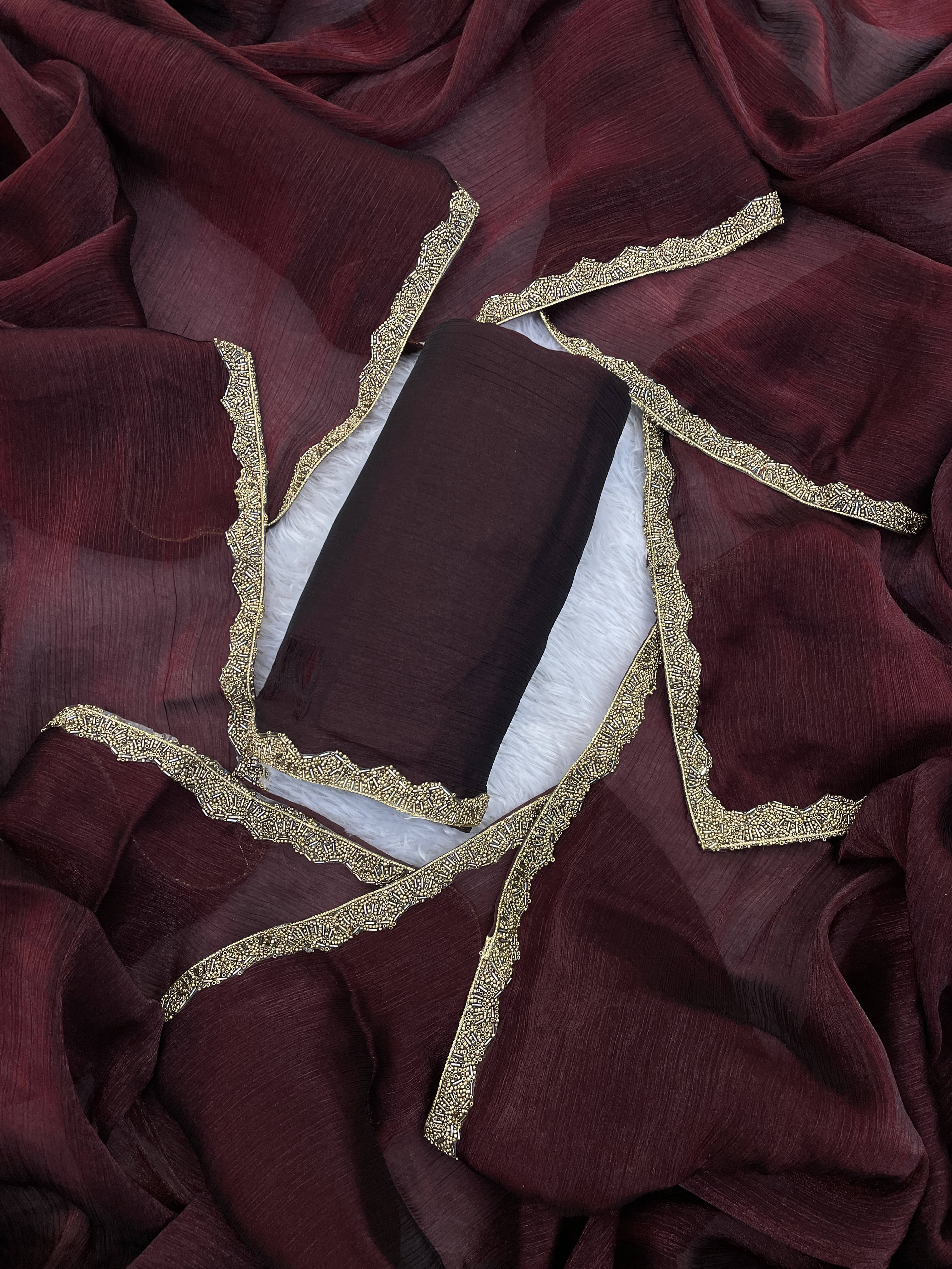 VRAGI Chiffon Solid Regular Saree With Unstitched Blouse Piece ( Brown )     			VRAGI Chiffon Solid Regular Saree With Unstitched Blouse Piece ( Brown )