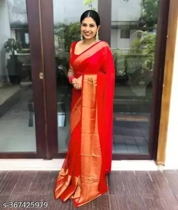 VRAGI Chiffon Solid Regular Saree With Unstitched Blouse Piece ( Red ) VRAGI Chiffon Solid Regular Saree With Unstitched Blouse Piece ( Red )