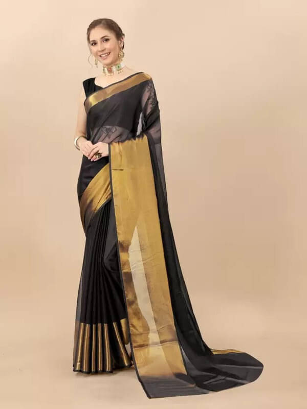 VRAGI Chiffon Solid Regular Saree With Unstitched Blouse Piece ( Black ) VRAGI Chiffon Solid Regular Saree With Unstitched Blouse Piece ( Black )