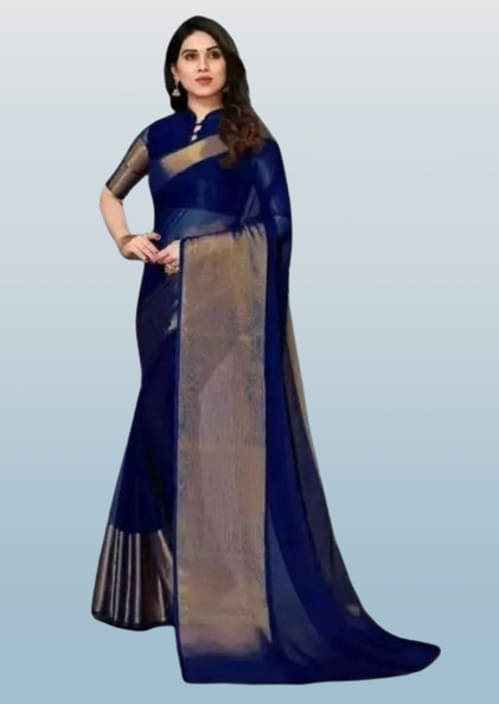 VRAGI Chiffon Solid Regular Saree With Unstitched Blouse Piece ( Blue ) VRAGI Chiffon Solid Regular Saree With Unstitched Blouse Piece ( Blue )