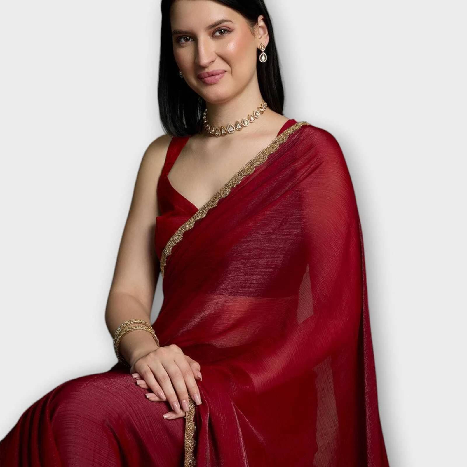     			VRAGI Chiffon Solid Regular Saree With Unstitched Blouse Piece ( Maroon )