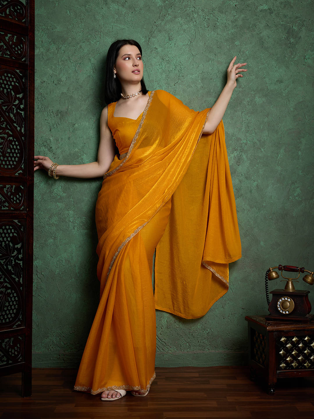 VRAGI Chiffon Solid Regular Saree With Unstitched Blouse Piece ( Yellow ) VRAGI Chiffon Solid Regular Saree With Unstitched Blouse Piece ( Yellow )