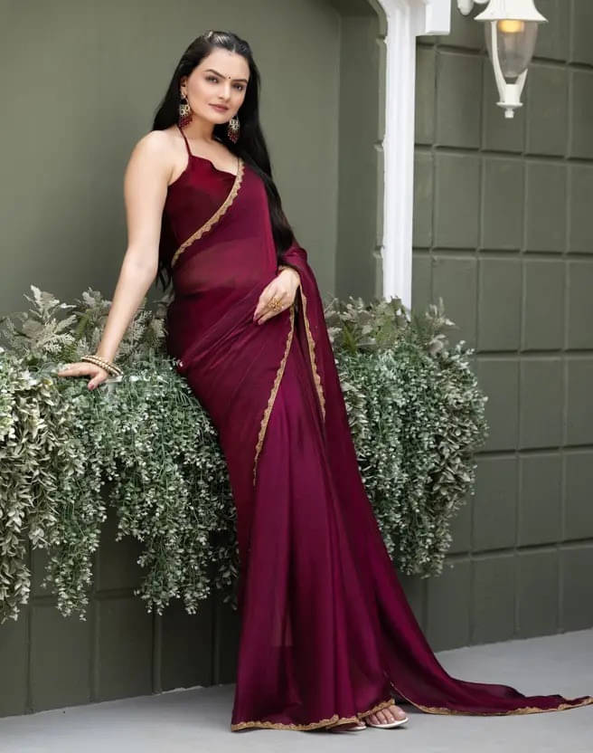 VRAGI Chiffon Solid Regular Saree With Unstitched Blouse Piece ( Purple ) VRAGI Chiffon Solid Regular Saree With Unstitched Blouse Piece ( Purple )