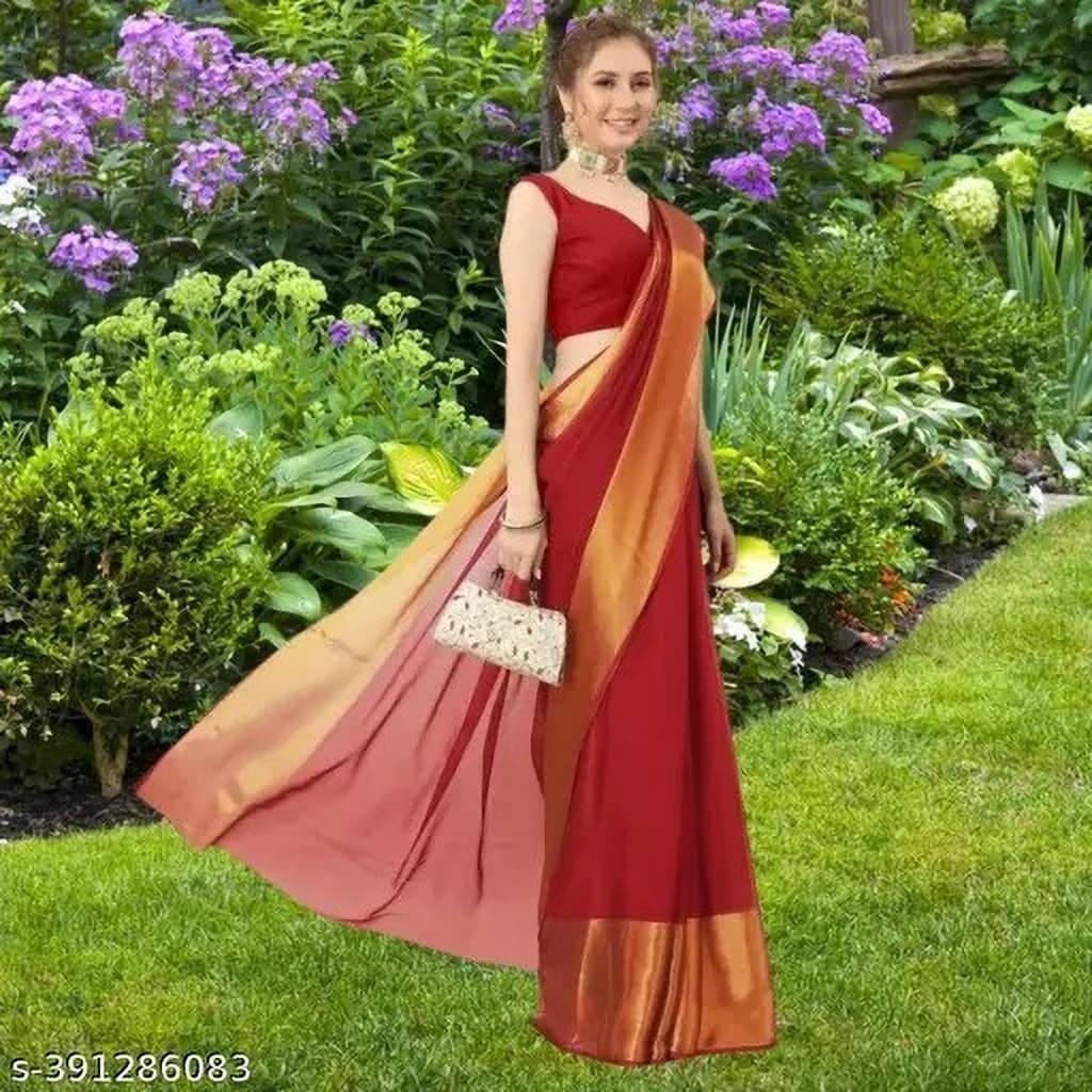     			VRAGI Chiffon Solid Regular Saree With Unstitched Blouse Piece ( Maroon )