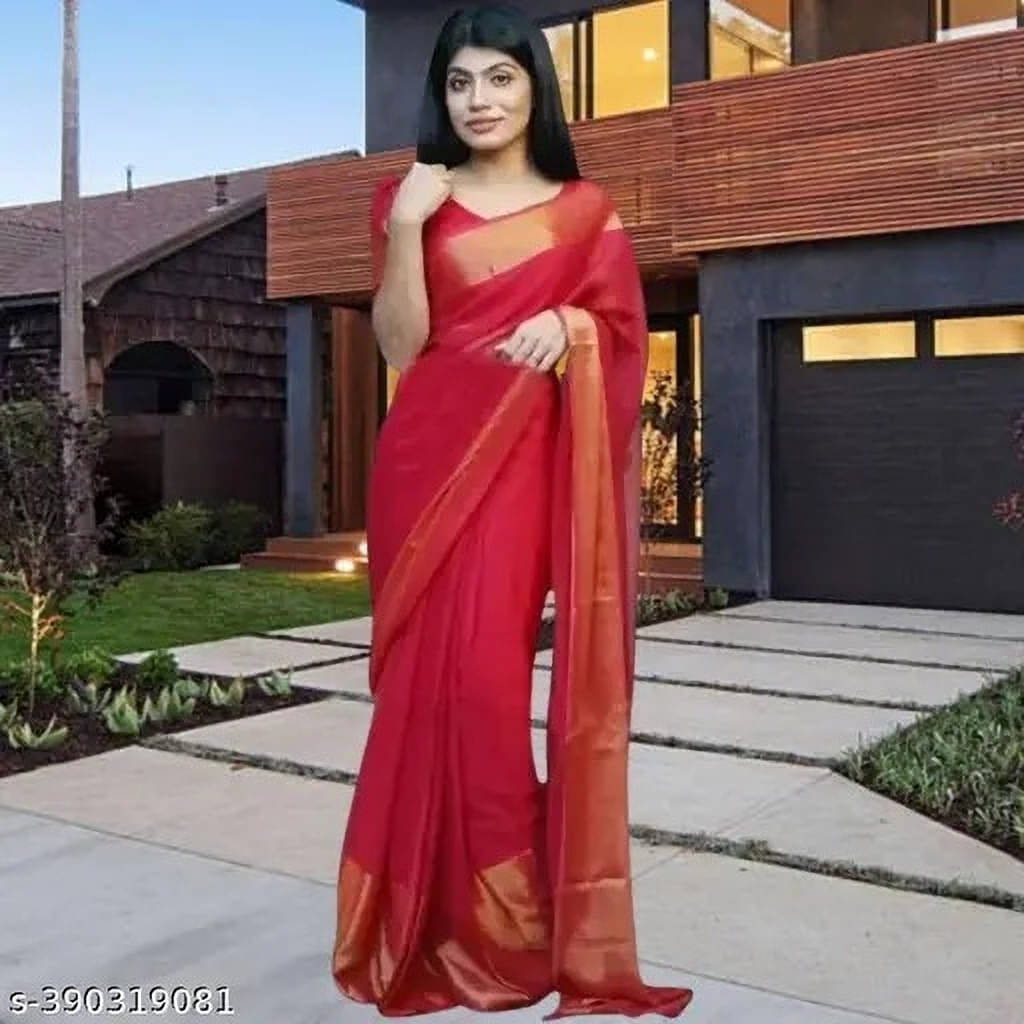 VRAGI Chiffon Solid Regular Saree With Unstitched Blouse Piece ( Red ) VRAGI Chiffon Solid Regular Saree With Unstitched Blouse Piece ( Red )