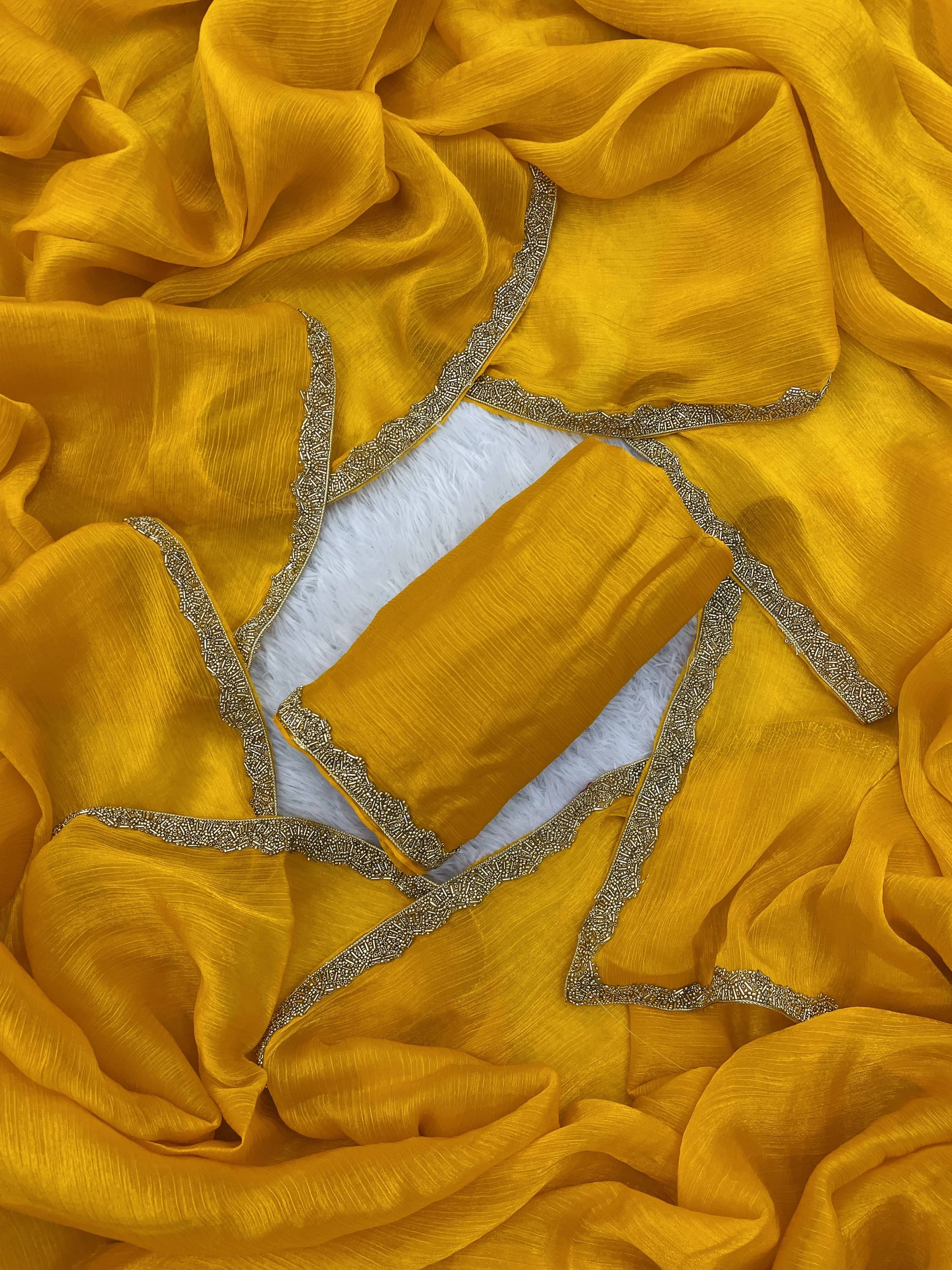 VRAGI Chiffon Solid Regular Saree With Unstitched Blouse Piece ( Yellow ) VRAGI Chiffon Solid Regular Saree With Unstitched Blouse Piece ( Yellow )